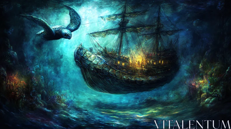 Fantasy Underwater Scene with Ship and Turtle AI Image