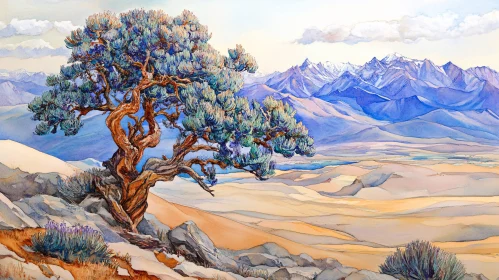 Mountainous Scene with Lone Tree