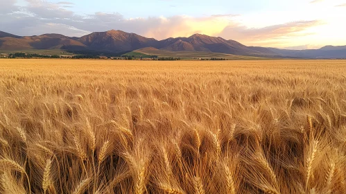 Sunset Over a Golden Wheat Field and Mountains