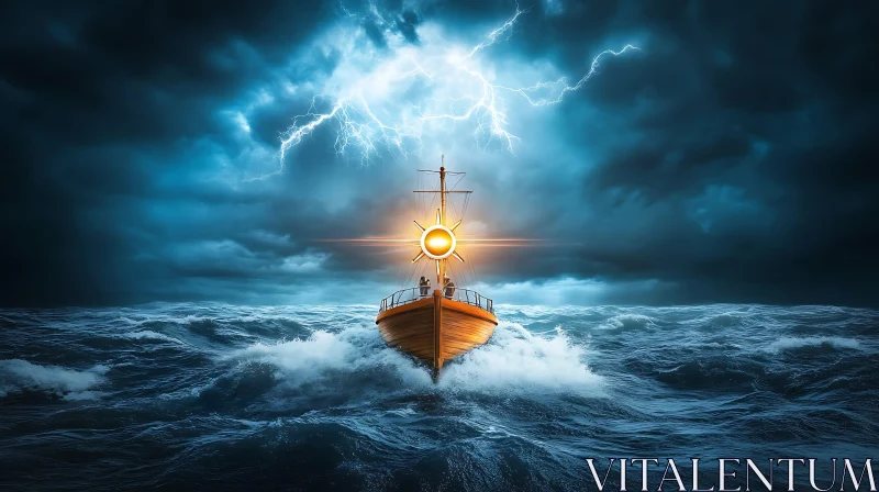 Stormy Seas and Illuminated Boat AI Image