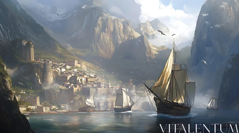 Tranquil Coastal Scene with Majestic Ships and Towering Mountains AI Image