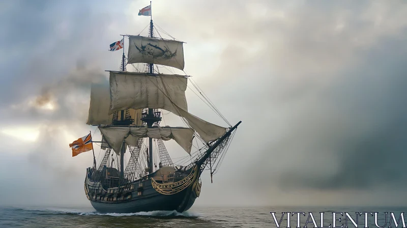 Historical Ship Navigating Through Mist AI Image