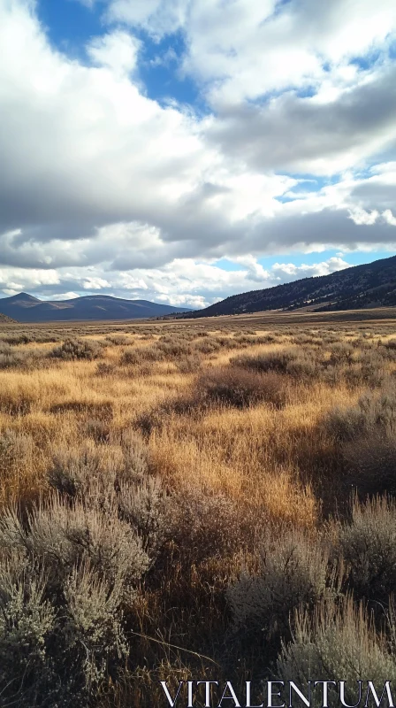 Peaceful Grassland under Cloudy Skies AI Image