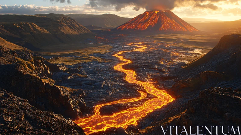 Powerful Volcano Eruption with Lava Flow in Majestic Mountainscape AI Image