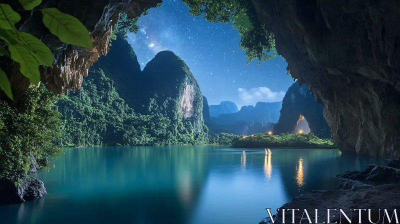 AI ART Nighttime Vista of Lake and Mountains from Cave Perspective