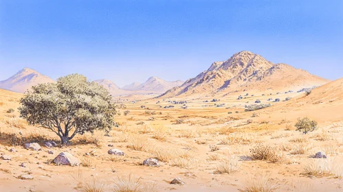 Desert Scene with Mountains and Sparse Vegetation