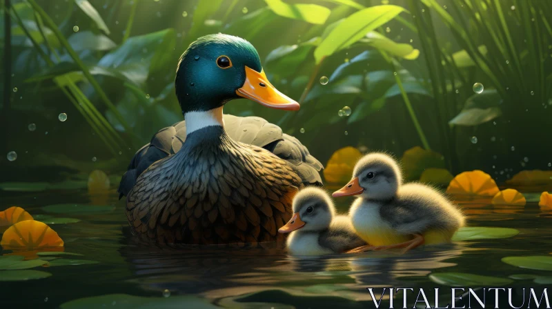 Delightful Duck Family Water Scene - Children's Book Style Illustration AI Image