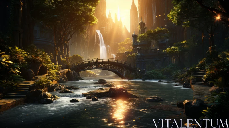 Fantasy Tree and Waterfall in Grandiose Cityscape View AI Image