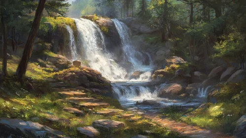 Tranquil Cascading Waterfall in Forest