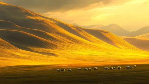 Peaceful Landscape with Sheep and Golden Hills