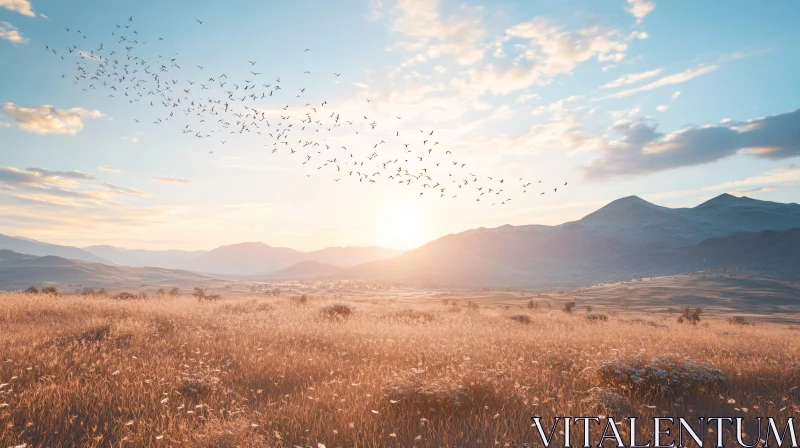 AI ART Mountain Sunset Landscape with Birds