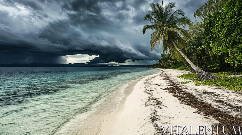 AI ART Stormy Tropical Beach with Swaying Palms and Dark Clouds