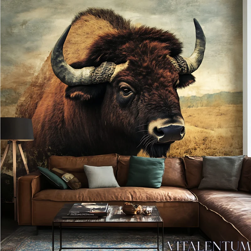 Living Room with Majestic Bull Artwork AI Image