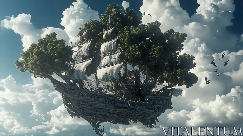 Floating Tree Ship in a Cloudy Sky AI Image