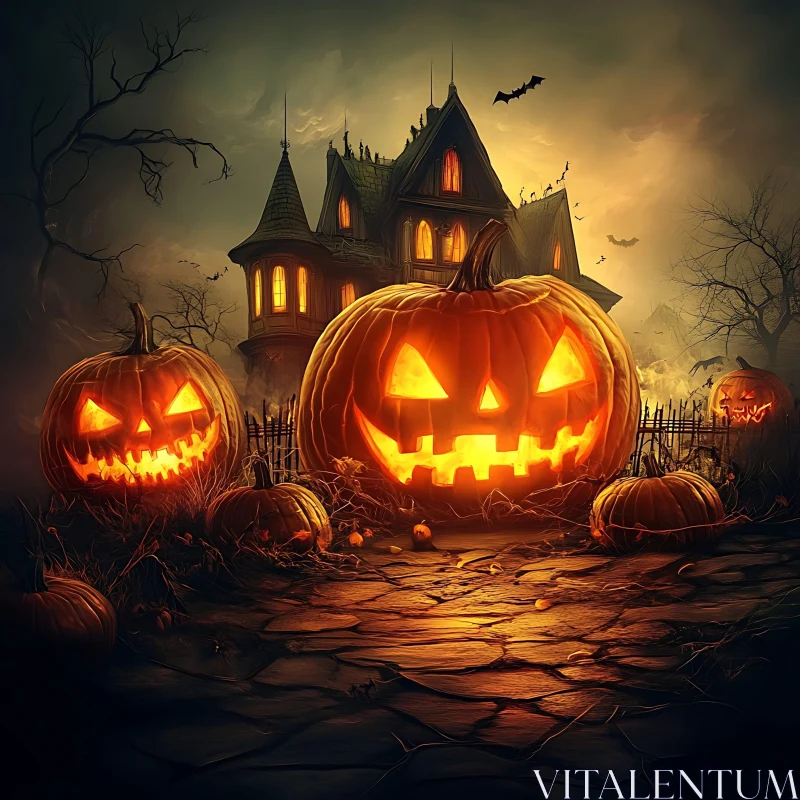 AI ART Eerie Halloween Night with Pumpkins and Haunted Mansion