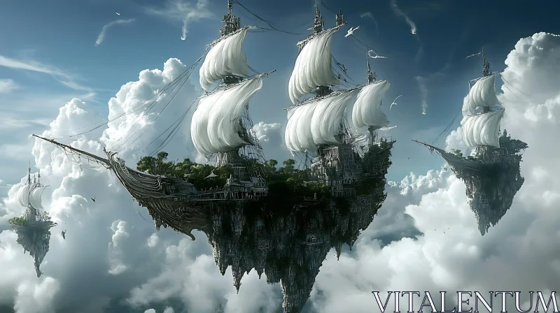 Sailing Ships on Floating Islands in a Cloudy Sky AI Image