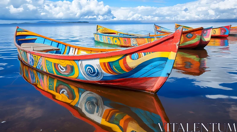 Vibrant Boats on Tranquil Water with Cloudy Sky AI Image