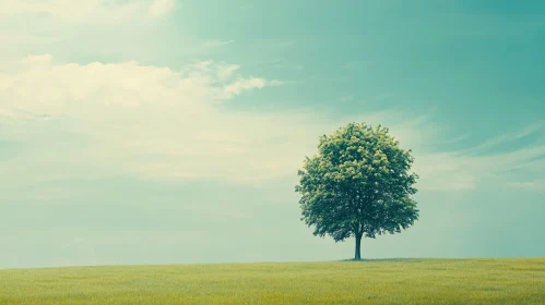 Lonely Tree Amidst a Peaceful Meadow and Blue Sky