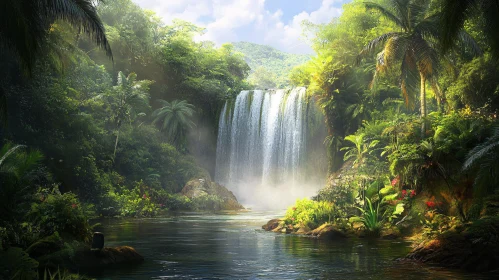 Scenic Waterfall Amidst a Vibrant Jungle