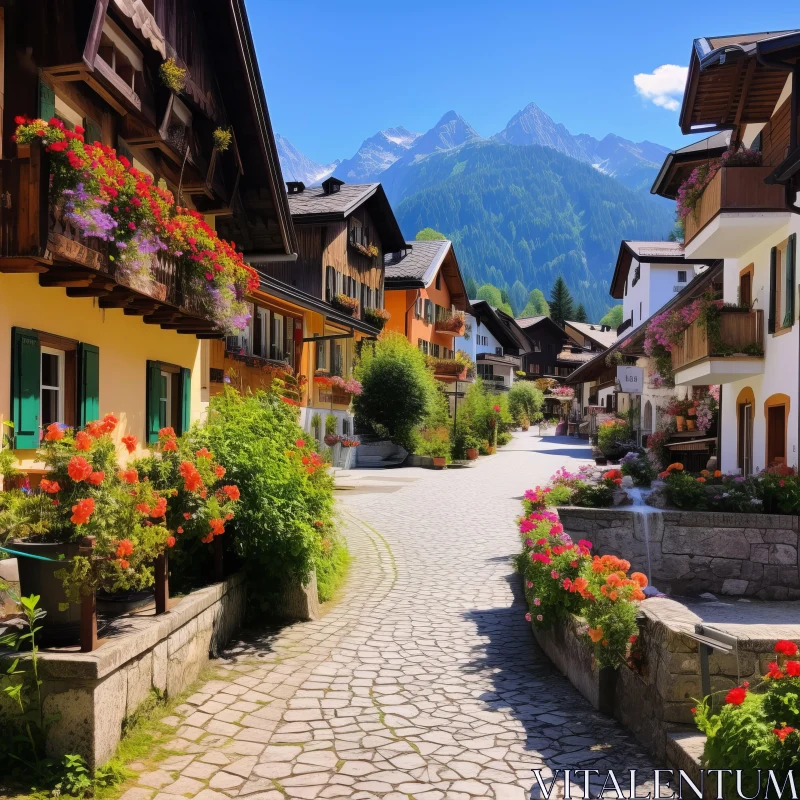 Charming Alpine Landscape with Vibrant Street Scenes AI Image