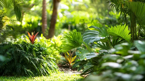 Lush Greenery in a Sunlit Tropical Garden