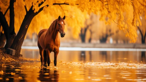 Horse by Water - Monochromatic Harmony in Amber and Gold