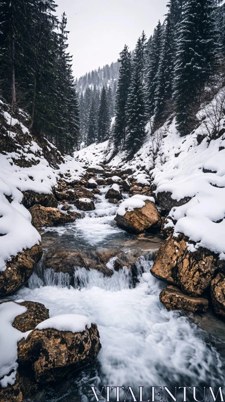 AI ART Tranquil Snowy Stream Through Pine Forest