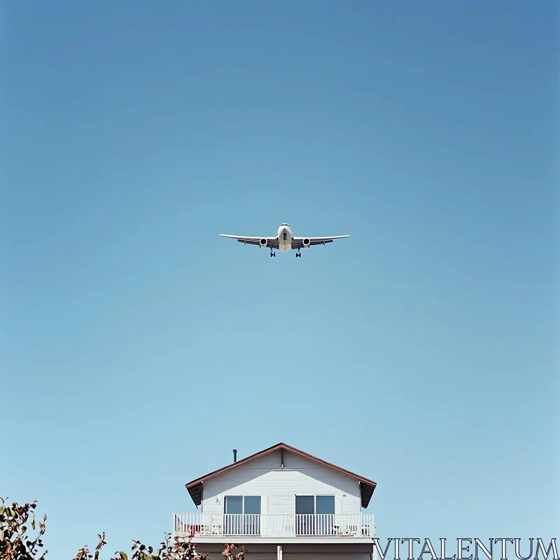 Airplane Over House in Clear Sky AI Image