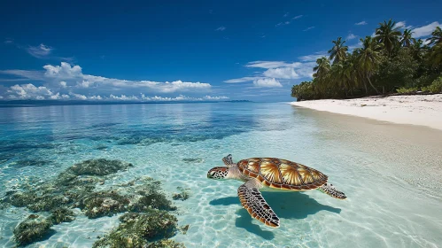 Turtle in Shallow Clear Waters on a Pristine Beach