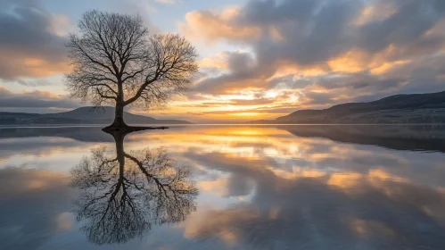 Solitary Tree with Sunset Reflection