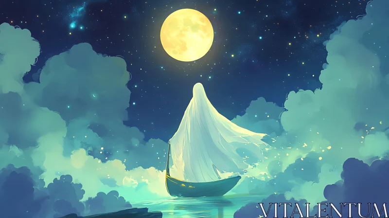 Ethereal Boat Journey in Moonlight AI Image