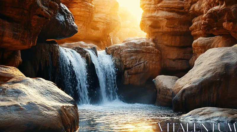 AI ART Serene Cascade Amidst Sunlit Rocks