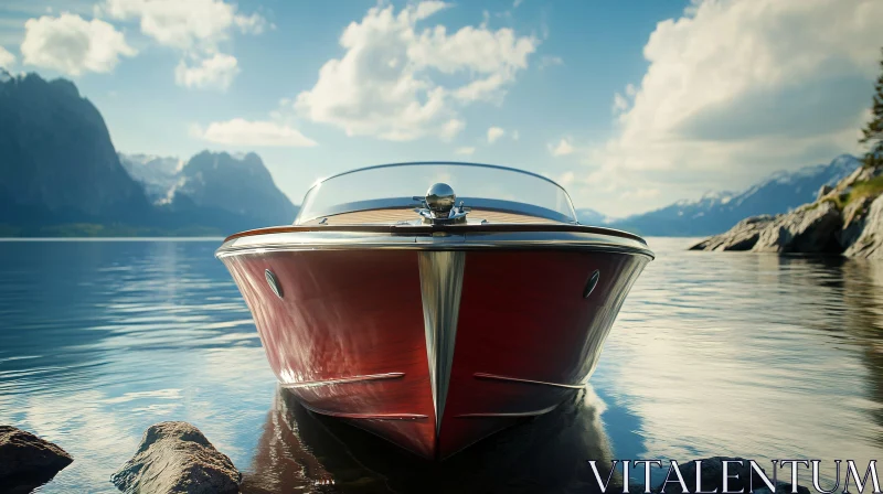 AI ART Tranquil Mountain Lake with Red Wooden Boat