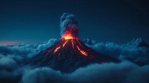 Molten Lava Eruption in Nighttime Scene