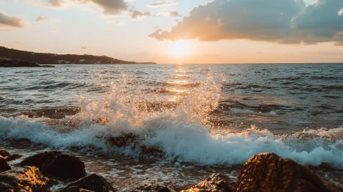 Golden Waves at Dusk by the Rocky Coast