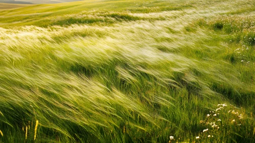 Green Meadow with Blowing Grass and Flowers