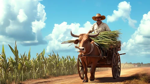 Rural Life with Farmer on Bullock Cart