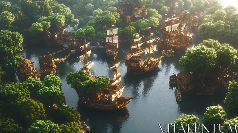 Treehouse Harbor with Wooden Ships AI Image