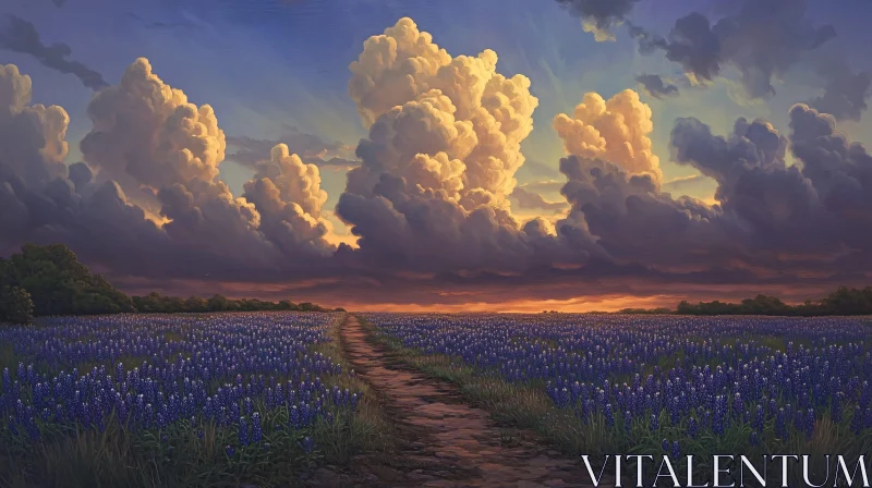 Sunset Flower Field Path AI Image