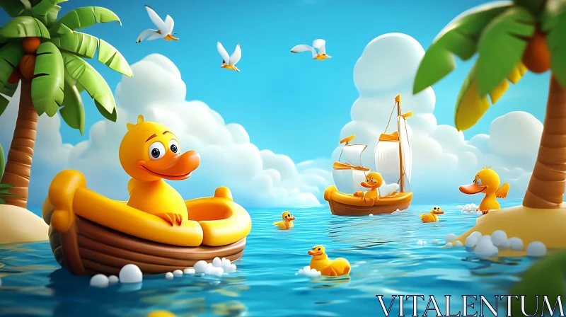 Playful Ducks Sailing in a Cartoon World AI Image