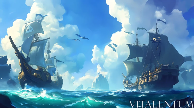 Pirate Ships Navigating the Ocean Waves AI Image