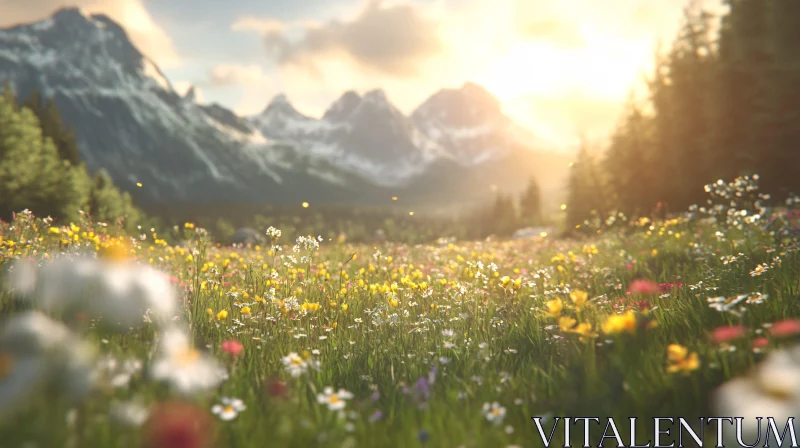 AI ART Meadow With Wildflowers And Mountains