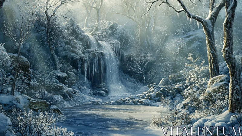 AI ART Peaceful Winter Wonderland with Icy Waterfall