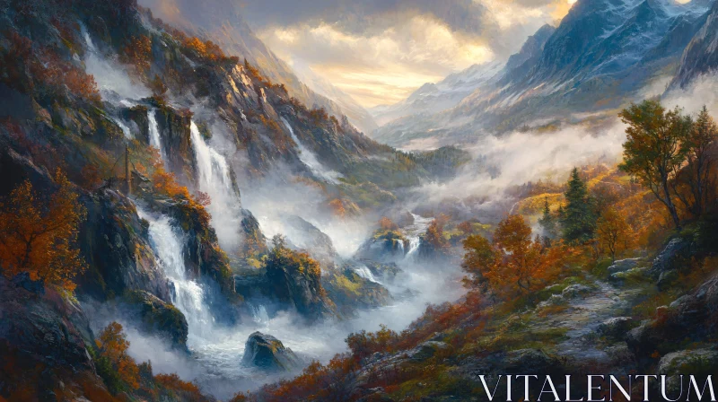 AI ART Autumn Landscape Featuring Serene Waterfalls