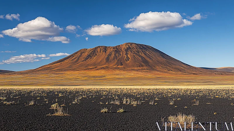 Volcanic Mountain in Serene Grassland AI Image