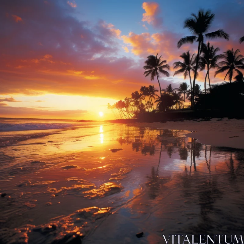 Sunset Beach with Palm Trees: A Romantic Landscape AI Image