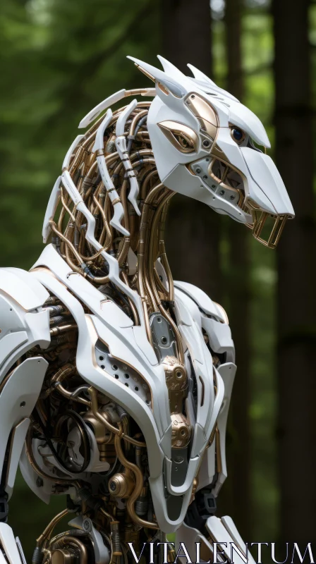 White and Gold Robot Amidst the Forest: A Blend of Technology and Wilderness AI Image