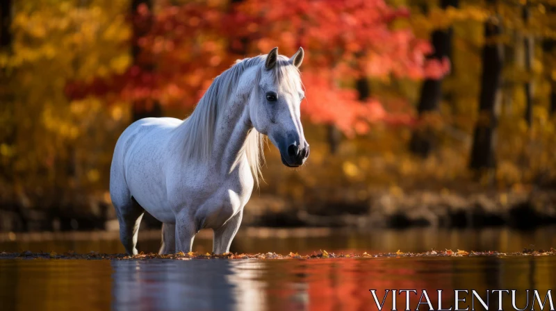 White Horse Amidst Autumn Leaves in River Wallpaper AI Image