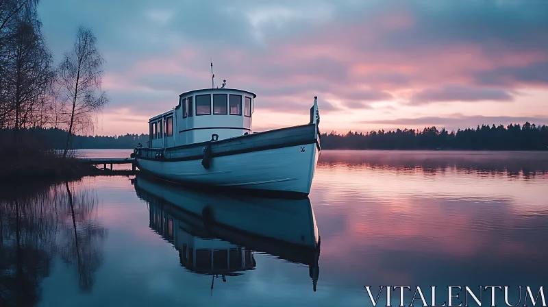 Peaceful Lakeside Scene with Docked Boat During Sunset AI Image