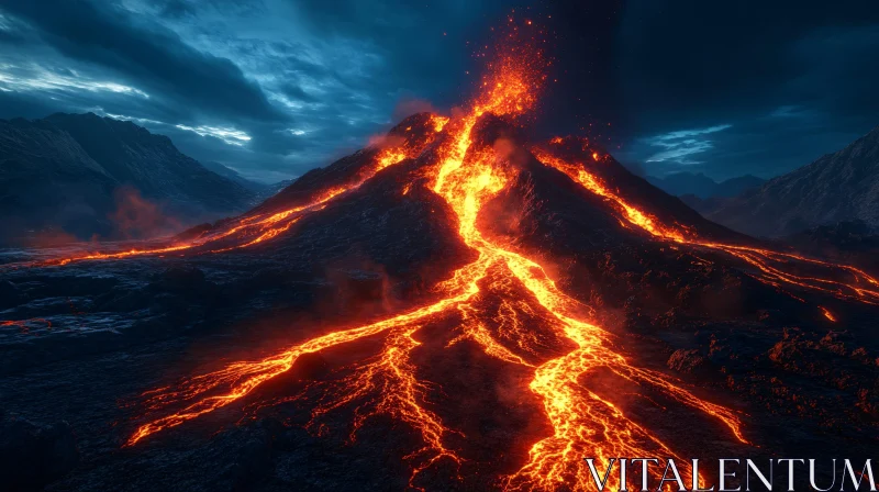 AI ART Nighttime Volcanic Eruption with Lava Flow